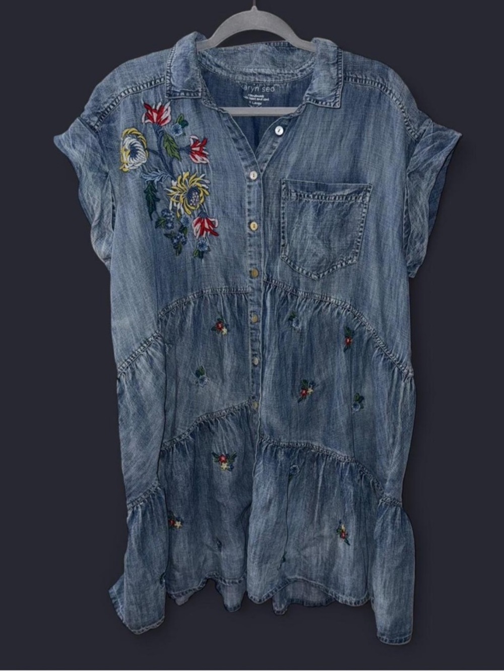 Karyn Seo Embroidered Denim Shirt Dress with Floral Accents